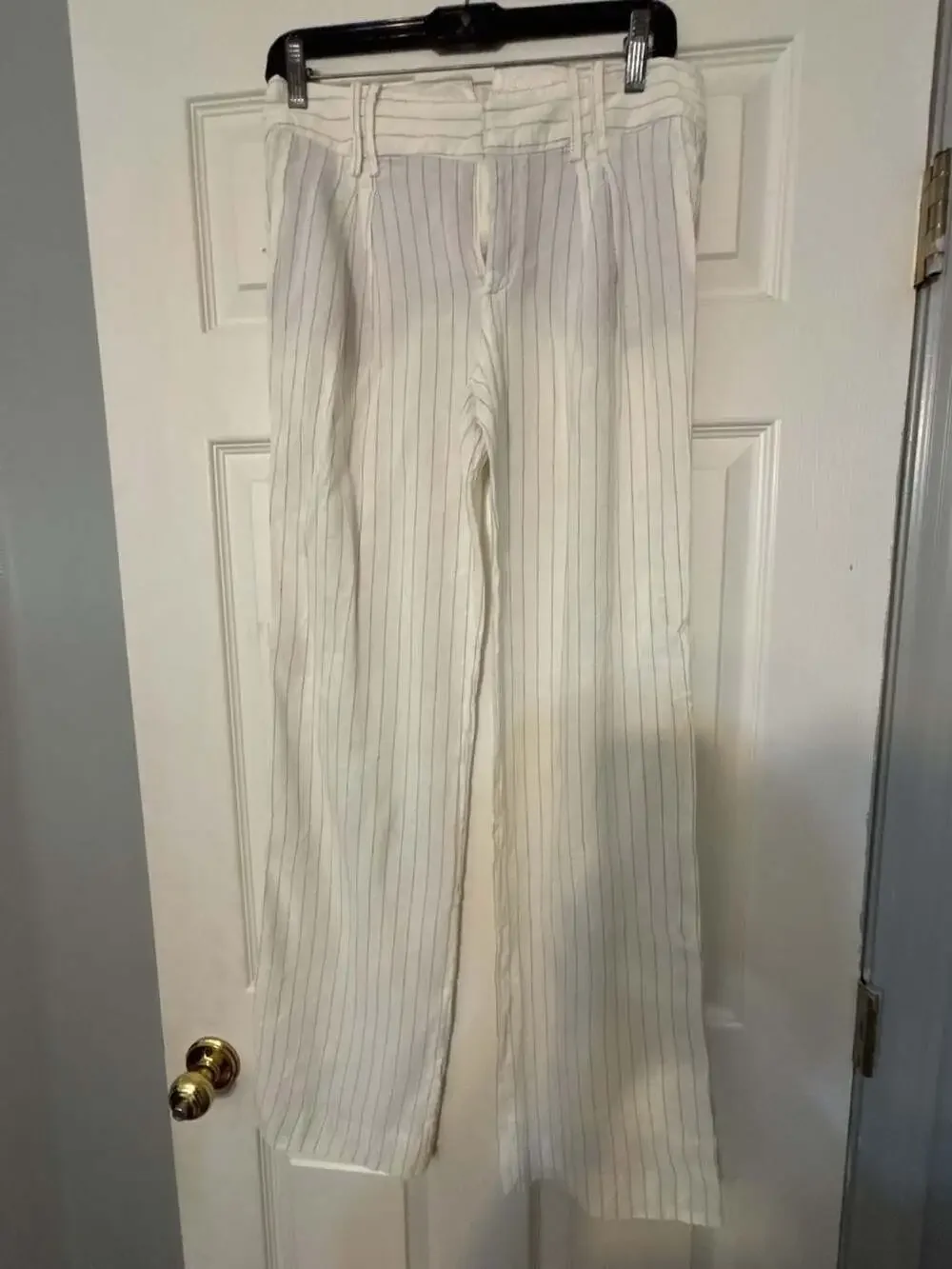 ZARA BASIC Striped Linen Blend Wide-Leg Trousers with Adjustable Back Buckle